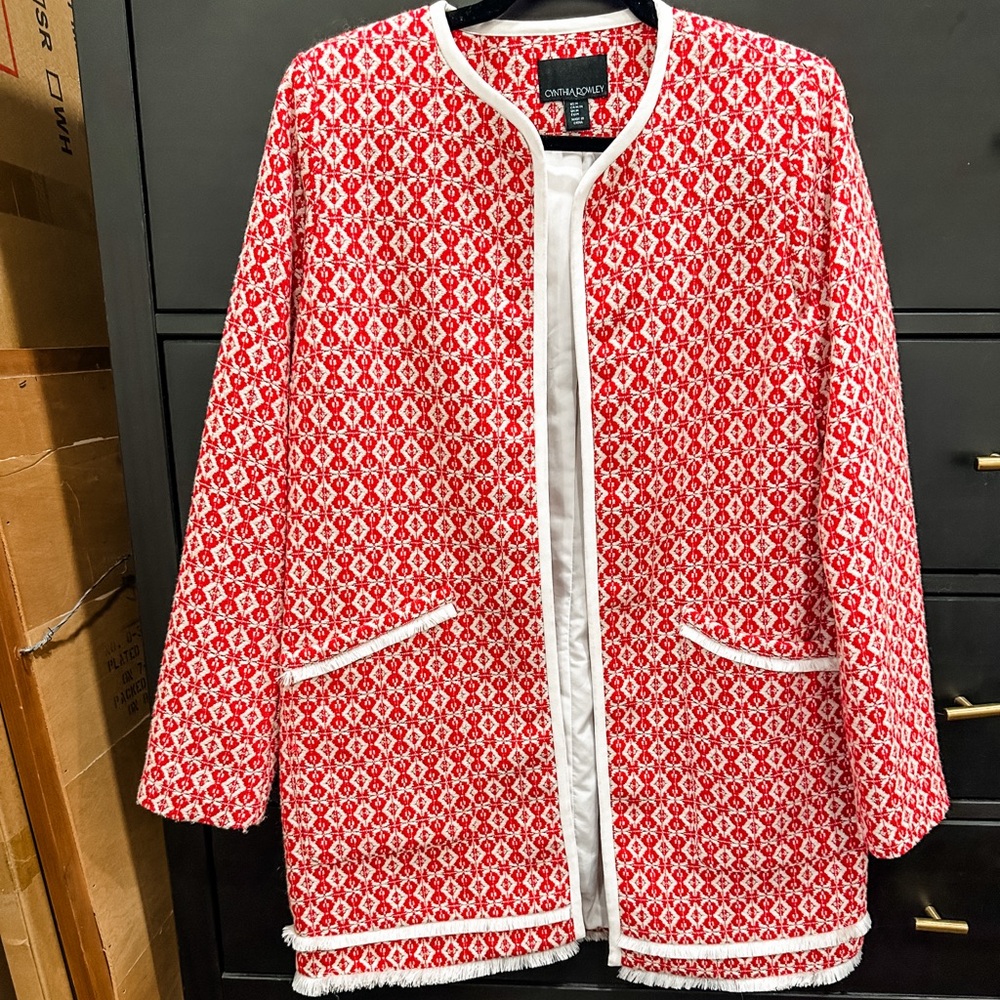 Cynthia Rowley Red and White Patterned Pea Coat